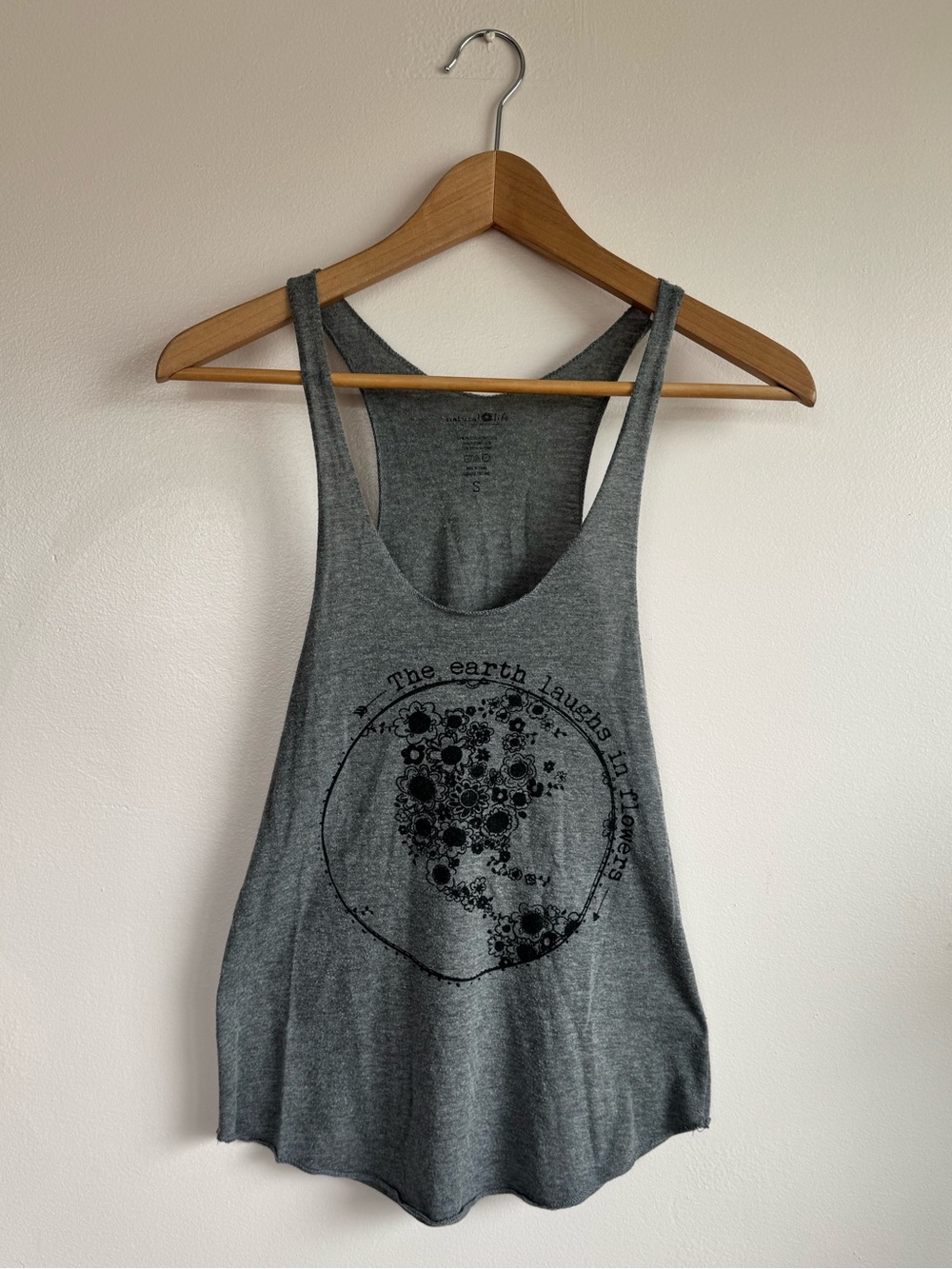 Natural Life Gray Racerback Flowy Yoga Tank “The earth laughs in flowers” Small